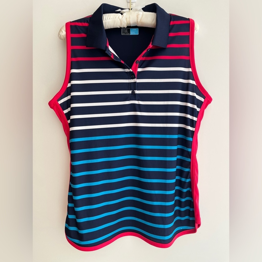 PGA TOUR Sleeveless Polo Shirt Multicolour Striped Golf Pickleball Tennis Travel